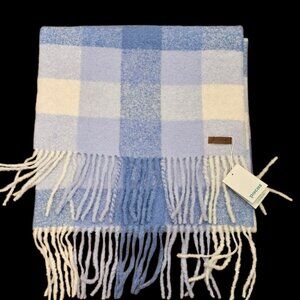 Pacas Brushed Scarf Large Blue White Checkered Alpaca Blend NWT Peru